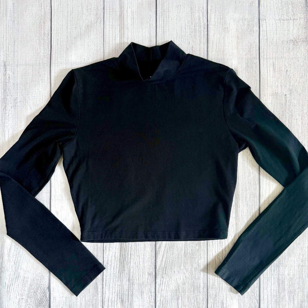 Aritzia TNA Mock Neck Cropped Tee Black Long Sleeve, Capsule wardrobe shirt, S